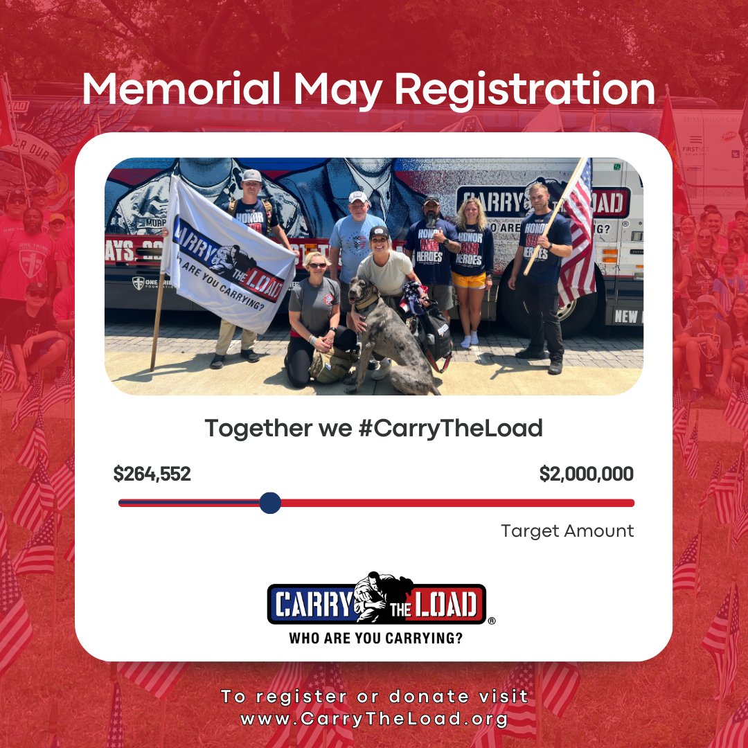 Two months down, less than two to go! Our Memorial May registration is in full swing as we gear up for the Relay step-off on April 29th. Don't miss this chance to walk for our nation's heroes. Register today ➡️ow.ly/qxgZ50R8Mqh #MemorialDay #CarryTheLoad #HonorOurHeroes