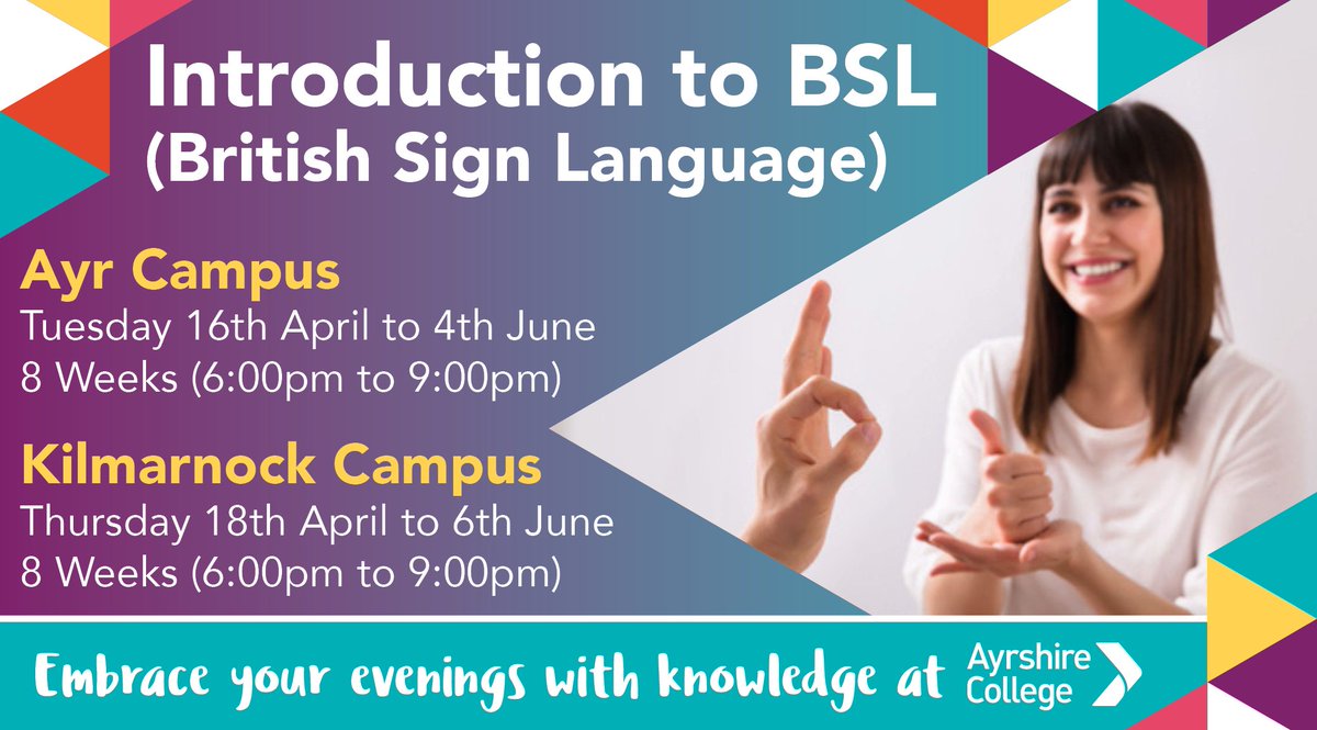 LIMITED SPACES LEFT FOR APRIL! 👐 Ready to embark on an empowering journey of communication and cultural understanding? Our Intro to British Sign Language evening course is the perfect starting point! Please visit: bit.ly/3pKMPZP for more information #BSL #Ayrshire