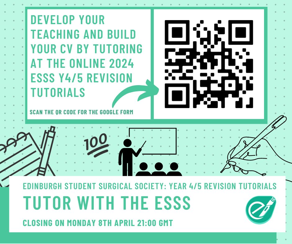 ESSS (@edsurgsoc) on Twitter photo ❗TEACHING OPPORTUNITY ❗
🔎 Application for Y4/5 teaching series! Open to 6th and 5th years to tutor exams they have already sat.
📜 Certificate provided.
🖋️ Apply here: forms.gle/Gts32TsL22XX4A…
Contact joinus.esss@gmail.com for questions
Deadline: 8th April 2024 at 21:00 ❗TEACHING OPPORTUNITY ❗
🔎 Application for Y4/5 teaching series! Open to 6th and 5th years to tutor exams they have already sat.
📜 Certificate provided.
🖋️ Apply here: forms.gle/Gts32TsL22XX4A…
Contact joinus.esss@gmail.com for questions
Deadline: 8th April 2024 at 21:00