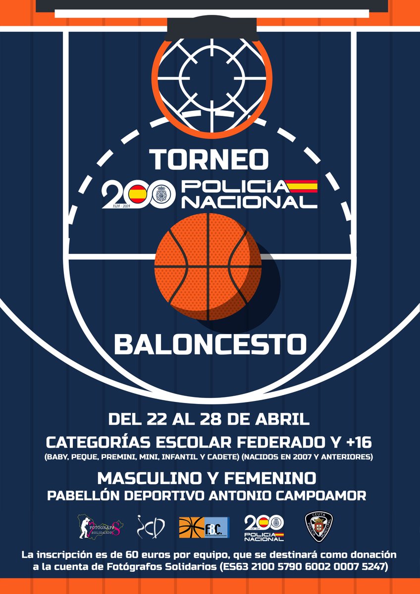 🏀¡No te pierdas el Torneo Solidario Bicentenario Policía Nacional del 22 al 28 de abril en el Campoamor!  ¡Inscríbete ya! 👉 fbceuta@fbceuta.com 🏆 #FBC #BicentenarioPolicíaNacional 🏀