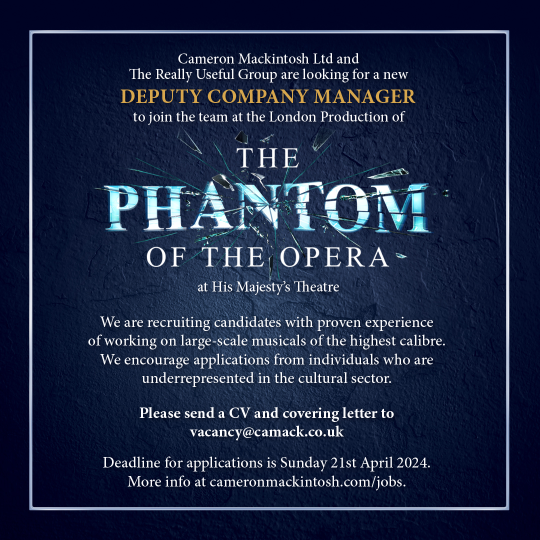 We are hiring on The Phantom of The Opera 🎭 For more info and to apply visit 👉cameronmackintosh.com/jobs #theatre #cameronmackintosh #thereallyusefulgroup