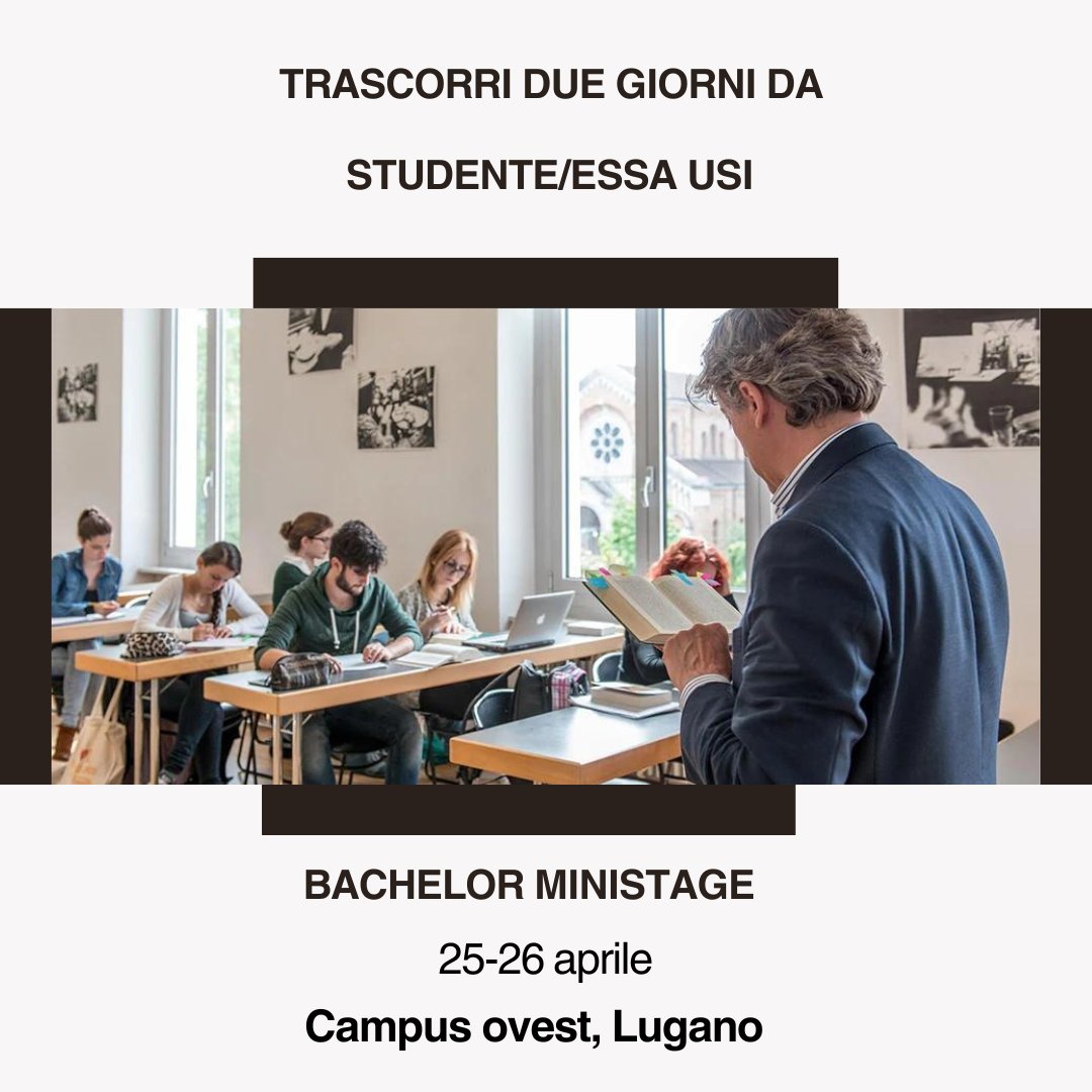 Trascorri due giorni da studente/ssa <a href="/USI_en/">USI University</a>  immergendoti nella quotidianità dell'USI e seguendo i corsi di Bachelor (Laurea triennale) della Facoltà di tuo interesse, insieme alle matricole.

Registrazione obbligatoria al link: usi.ch/it/feeds/27311