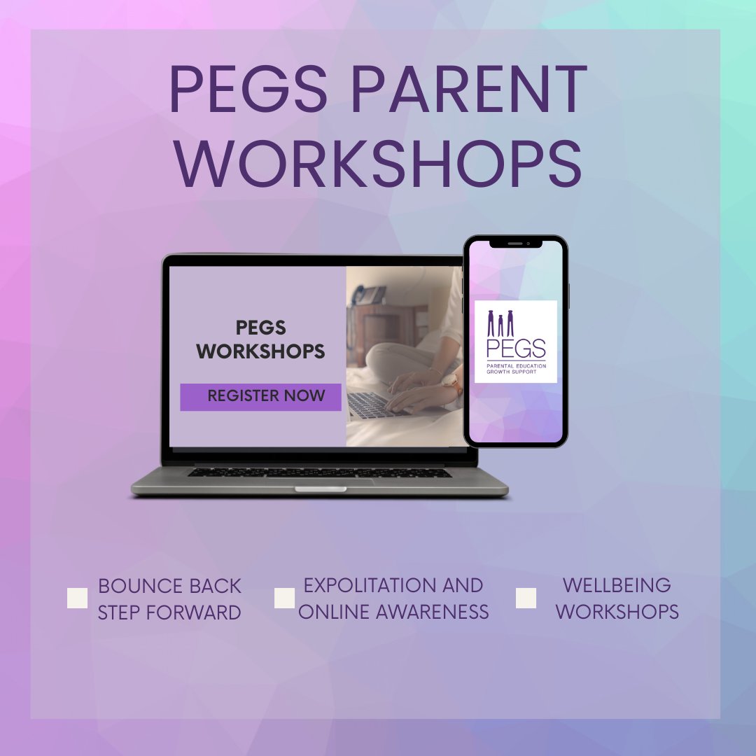 If you are being supported by PEGS then join us on one of our parent workshops. We have Exploitation and Online Awareness, Wellbeing Workshops and Bounce Back Step Forward running soon! You can book via: eventbrite.co.uk/o/pegs-6203665… We would love to see you there