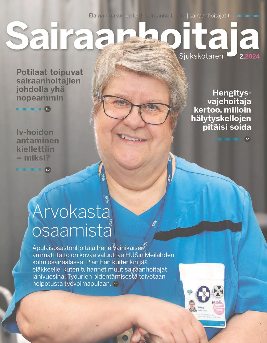 Sairaanhoitaja-lehti 2/2024 on julkaistu printtinä! 📮 Syvenny mm. sairaanhoitajien eläköitymiseen @Lapinhyvinvoint @satasote, harjoitteluun palkallisessa työsuhteessa @HamkHyvinvointi, leikkauspotilaan toipumiseen @Tays_sairaala sekä tutkittuun tietoon @HotusFI. 📷 Leena Koskela