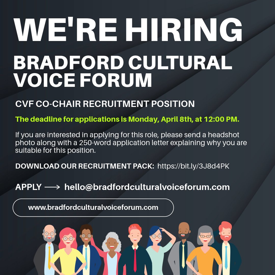 Bradford Cultural Voice Forum are on the lookout for a new Co-Chair to join the team 💥 If you believe in connecting Artists, Creators, and experts from Bradford's diverse cultural community then this opportunity could be for you 🤝 Deadline: 8 April. More info 👇