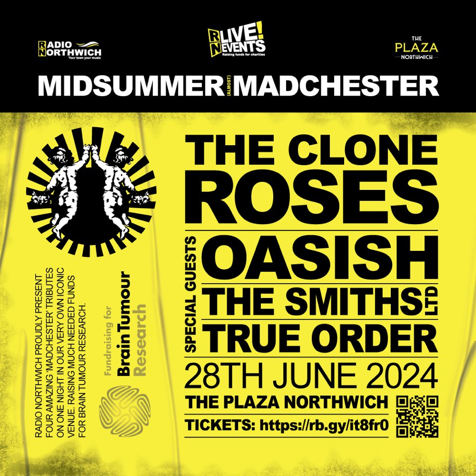 Huge thanks to John Thompson and all @RadioNorthwich for their generosity and support with the incredible Midsummer Madchester gig on 28th June 2024 at The Plaza, Northwich 🎤 Tickets on sale here ➡️ rb.gy/it8fr0 #BrainTumourResearch #RaisingAwareness