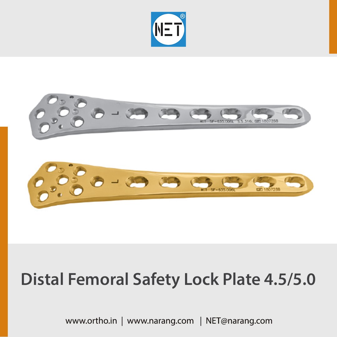 The Distal Femoral Safety Lock Plate 4.5/5.0 is indicated for fixing distal shaft fractures, supracondylar fractures, intra-articular fractures, and periprosthetic fractures.
orthopaedic-implants.com/large-fragment…