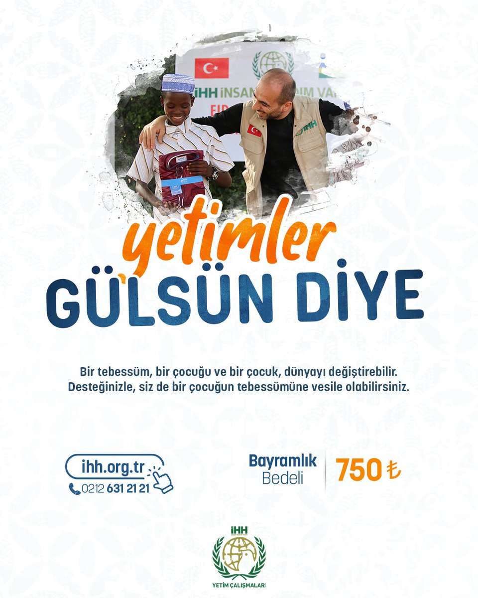 Bayramlık hediye etmenin en kolay yolu 😊 1 bayramlık bedeli: 750 ₺ 👉 Online Bağış: ihh.org.tr/bagis/yetimgiy… 📨 BAYRAMLIK yazıp 4072'ye SMS göndererek 130 TL bağışta bulunabilirsiniz.