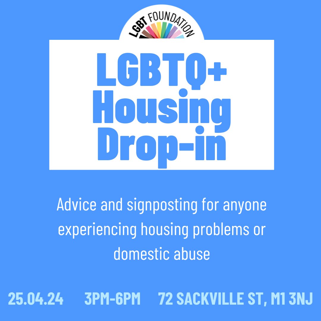 LGBTfdn's tweet image. LGBT Foundation staff will be on hand Thursday, 25th April at our centre in Fairbairn House, offering advice and signposting for anyone experiencing housing problems or domestic abuse.

Please get in touch if you need further information by emailing housingsupport@lgbt.foundation