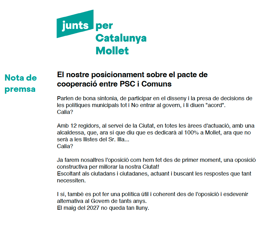 JuntsMollet's tweet photo. ✅ El nostre posicionament sobre el pacte de cooperació entre PSC i Comuns

Parlen de bona sintonia, de participar en el disseny i la presa de decisions de les polítiques municipals tot i No entrar al govern, i li diuen "acord".
Calia?
⬇️

#notadepremsa #juntsmollet @carme_olaria https://t.co/TpSRs56FGn