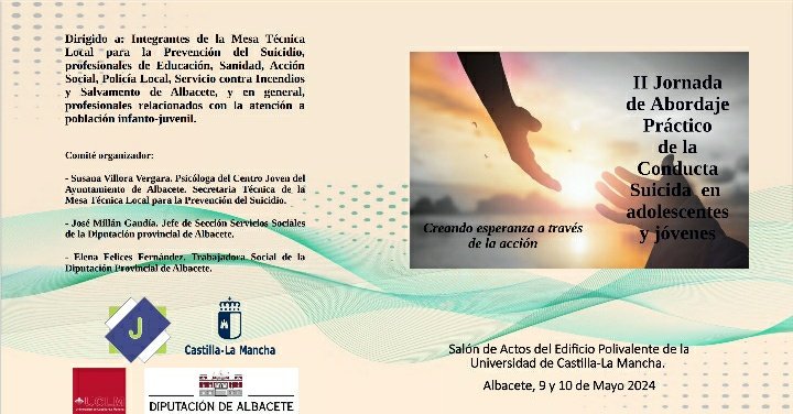VEstudianteUCLM's tweet photo. II Jornada de abordaje práctico de la conducta suicida en adolescentes y jóvenes
🗓9 y 10 de mayo
📍Salón de Actos del Edificio Polivalente- Campus Albacete
📝Inscripción en: https://t.co/McOqZlglfV
Organiza: @gobjccm @dipualba @cij_albacete #SOAPP Vicerrectorado CC. Salud https://t.co/Pb5VPjTZt8