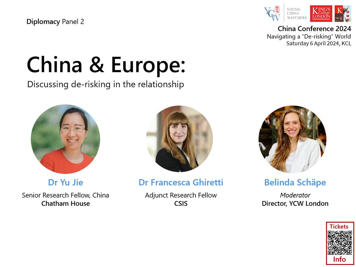 YCW CHINA CONFERENCE 🌎 How is the de-risking agenda impacting #Europe's relationship with #China? Why does this matter? Join @BelindaSchaepe, @Yu_JieC & Francesca Ghiretti this Saturday at KCL to find out. Sign up: eventbrite.co.uk/e/the-7th-ycw-…