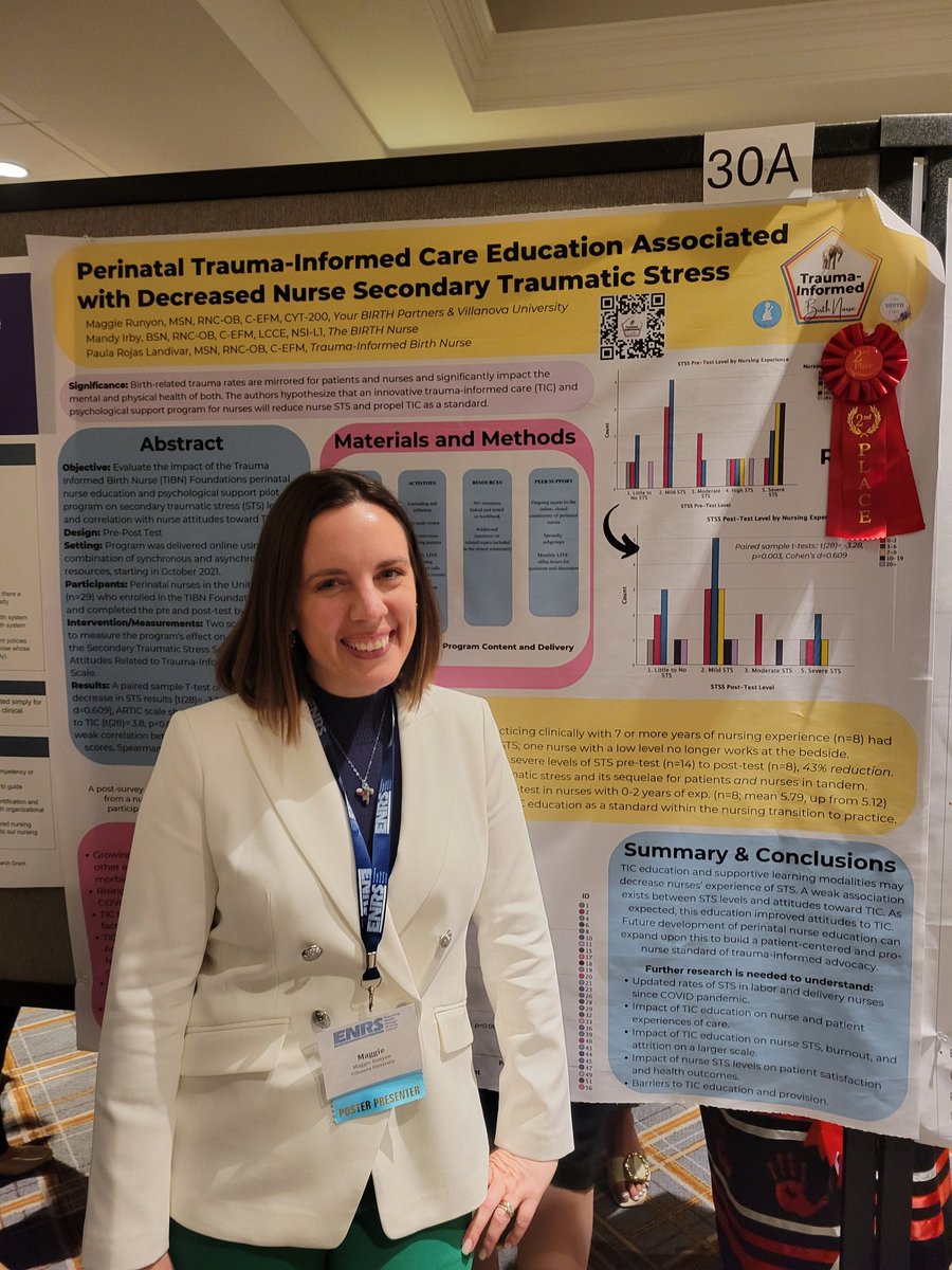 @VUNursing #PhD #student & Conway Fellow @MaggieRunyon shared her work with Dr. @audreylyndon of @nyumeyers at #ENRS2024. Thanks for the tips Aubrey! Maggie won 2nd place among PhD posters for her nonprofit's work on perinatal trauma-informed care to ⬇️ #nurse secondary trauma.