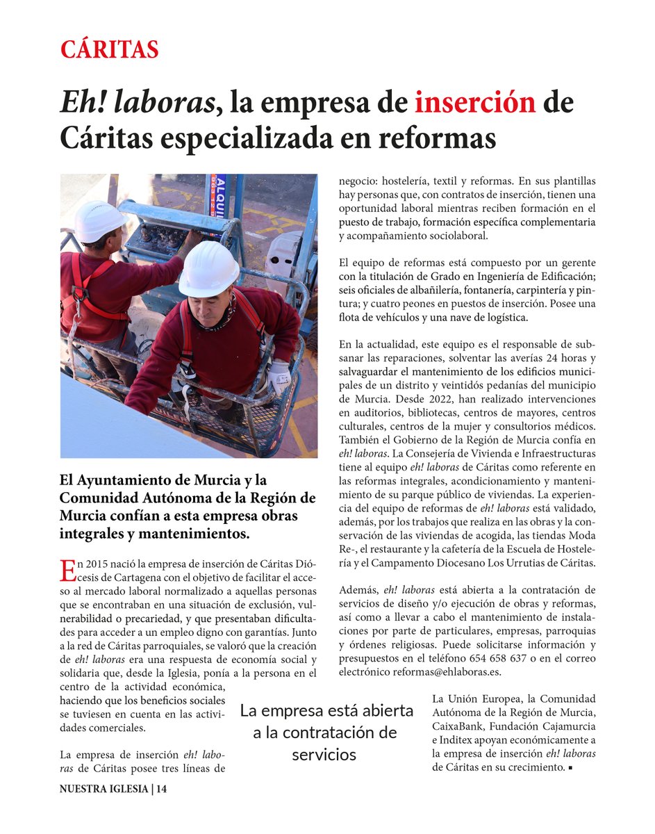 Esta semana, NUESTRA IGLESIA presenta la línea de #reformas de la #EmpresaDeInserción eh! laboras de Cáritas.

Puedes leer este artículo y la revista completa en diocesisdecartagena.org/nuestra-iglesi…