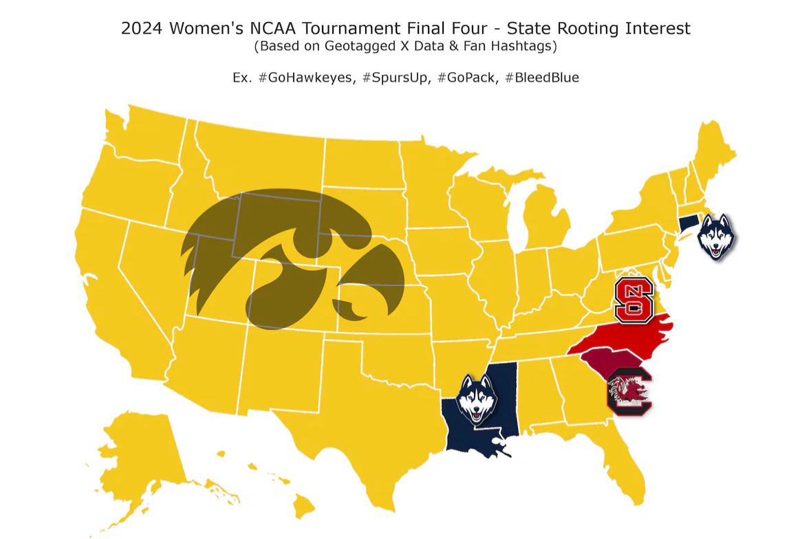 An updated “this is fun” map 😁 Iowa - 45 states UConn - 3 states (LOL Louisiana 😂) SC - 1 state NC State - 1 state The Hawkeyes are Americas team!