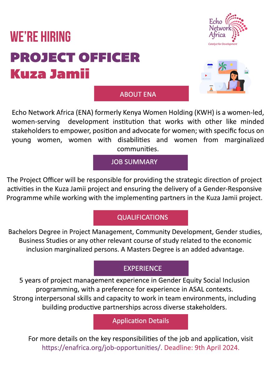 Opportunity Alert! Please find more details of the key responsibilities and application process on: enafrica.org/job-opportunit… #JobsKenya #IkoKaziKE #EchoNetworkAfrica #EchoNetworkAfricaFoundation