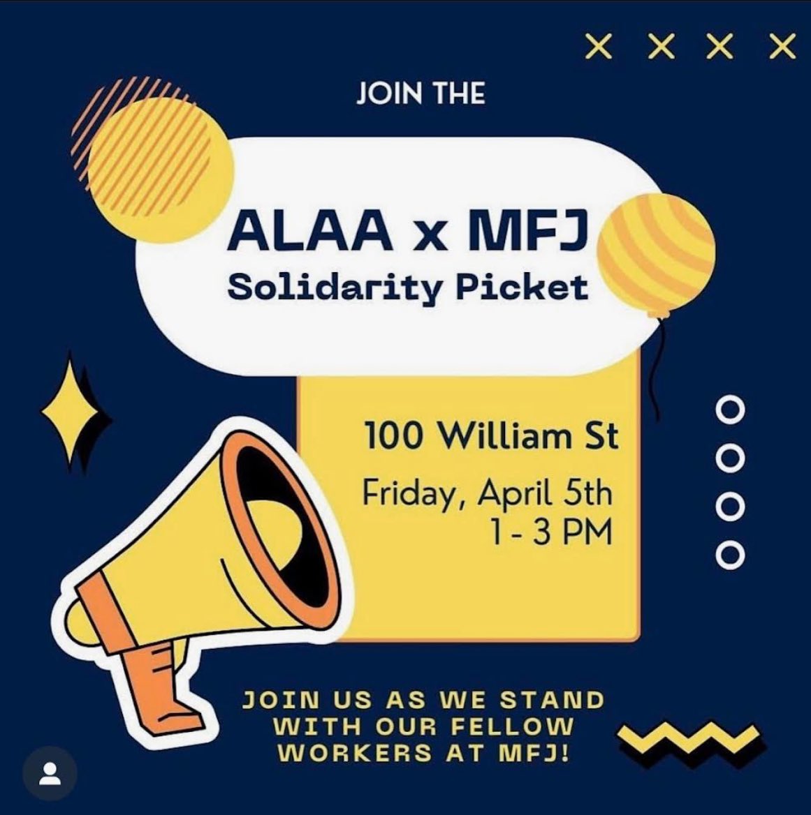 Those in the NYC area, come out today (Friday, 4/5 at 1-3pm) in solidarity to this @alaa2325 solidarity picket for our @mfjunion siblings! 🙌😊✊ #mfjonstrike #solidarityforever