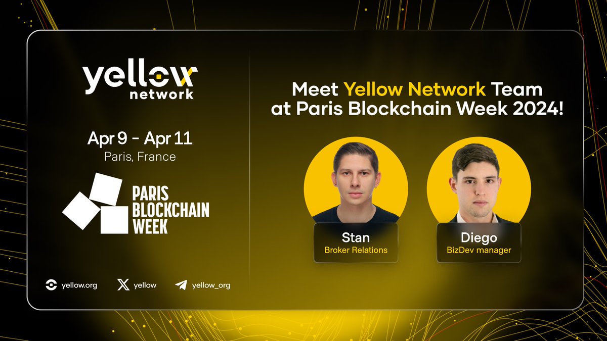 🎉✨ Heading to #ParisBlockchainWeek from April 9-11! If you're around, seize the chance to meet our team, Stanislav Liutenko & Diego Martin. Dive into the mechanics of building brokers and the seamless process of listing on #YellowNetwork 's expansive exchange network. Don't