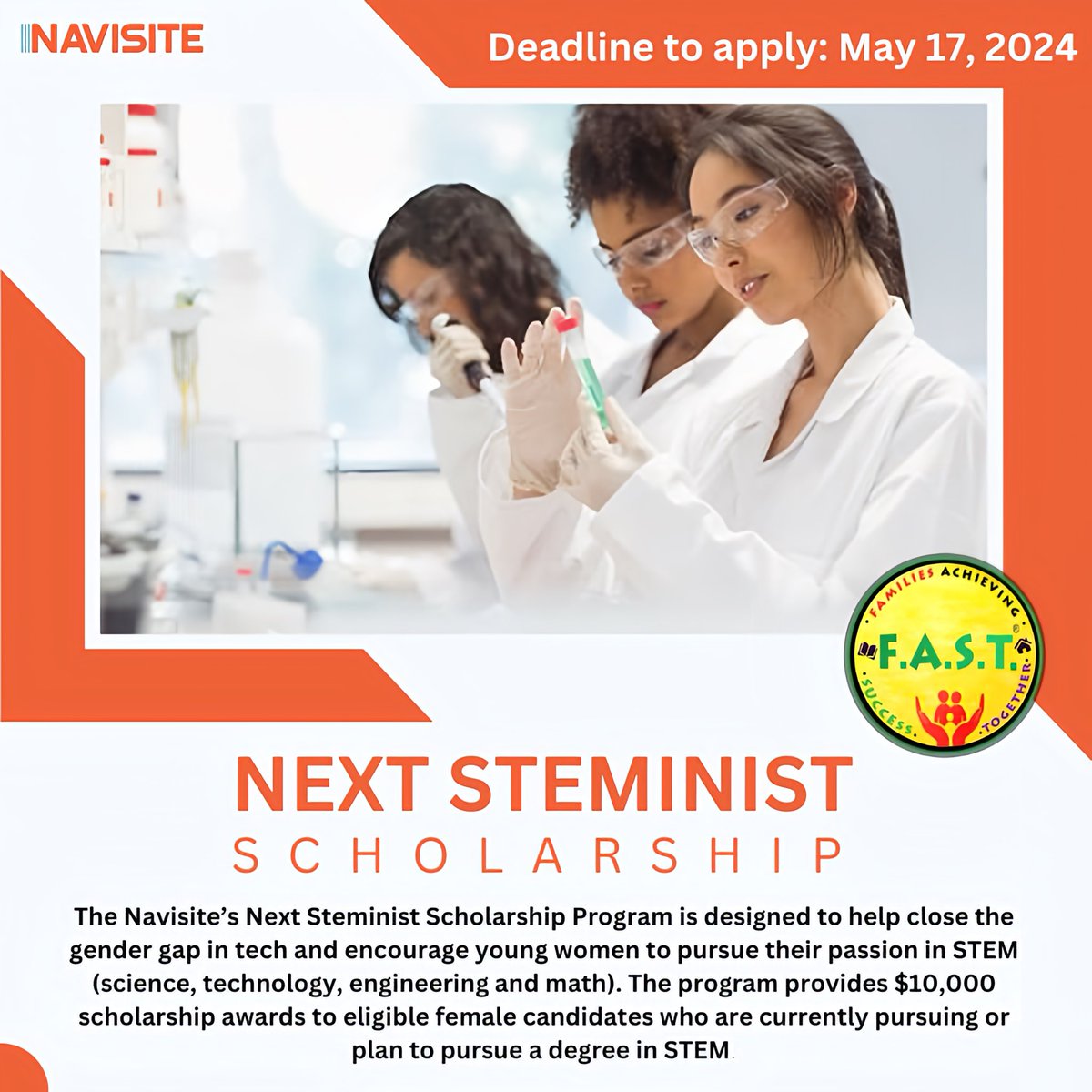 Navisite’s Next Steminist scholarship program is designed to help close the gender gap in tech and encourage young women to pursue their passion in STEM. 

Application Link: learnmore.scholarsapply.org/navisite/

#scholarship #school #college #education