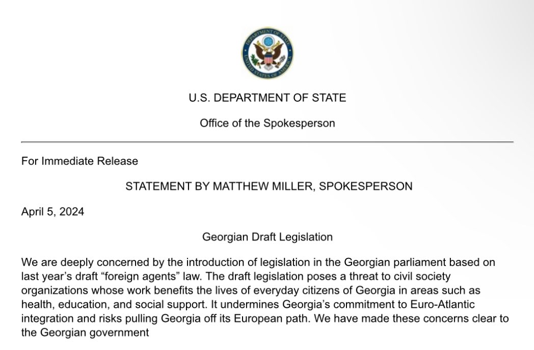 JUST IN!!! U.S. says “deeply concerned’ by Georgia’s draft “foreign agents” law and has made its concerns clear to the Georgian govt. #NoToRussianLaw #GeorgiaDeservesBetter