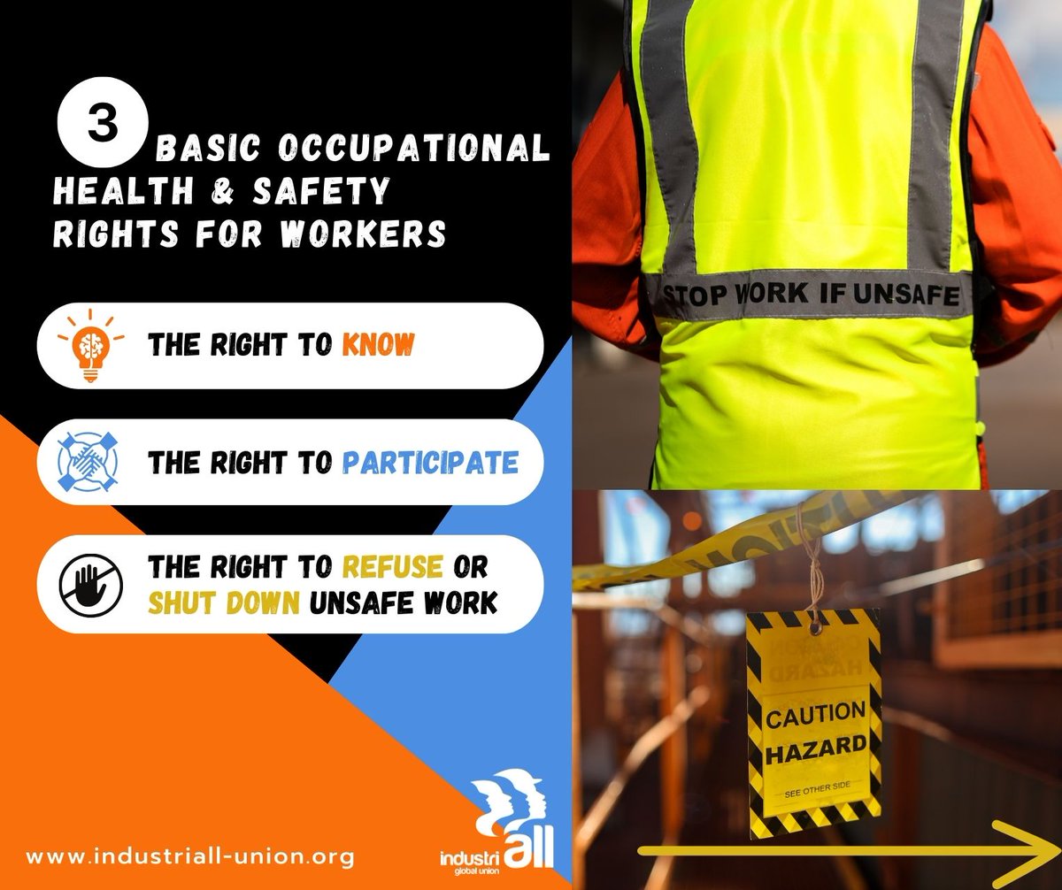 IndustriALL_GU's tweet image. Trade unions insist on three basic occupational health &amp;amp; safety rights for workers:

💡the right to know
🫱🏽‍🫲🏾the right to participate
🛑the right to refuse or shut down unsafe work

#IWMD 
#Right2Know 
#Right2Participate 
#Right2Refuse
