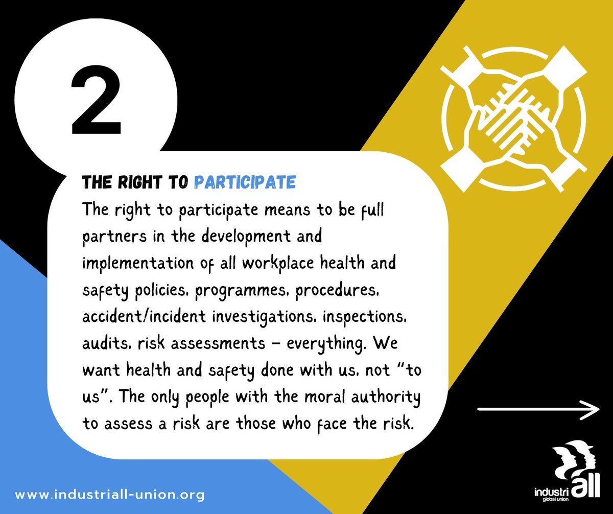 IndustriALL_GU's tweet image. Trade unions insist on three basic occupational health &amp;amp; safety rights for workers:

💡the right to know
🫱🏽‍🫲🏾the right to participate
🛑the right to refuse or shut down unsafe work

#IWMD 
#Right2Know 
#Right2Participate 
#Right2Refuse
