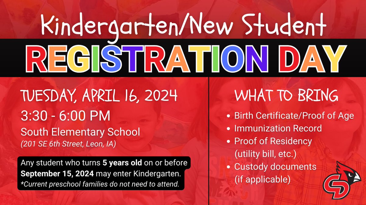 Save the Date: Kindergarten/New Student Registration Day at South Elementary! 🎉🍎 Families with new Kindergarten or elementary students for 2024-25 are invited on April 16, 3:30-6pm. (Preschool families need not attend.) Please bring your child for readiness testing! #TheRedWay