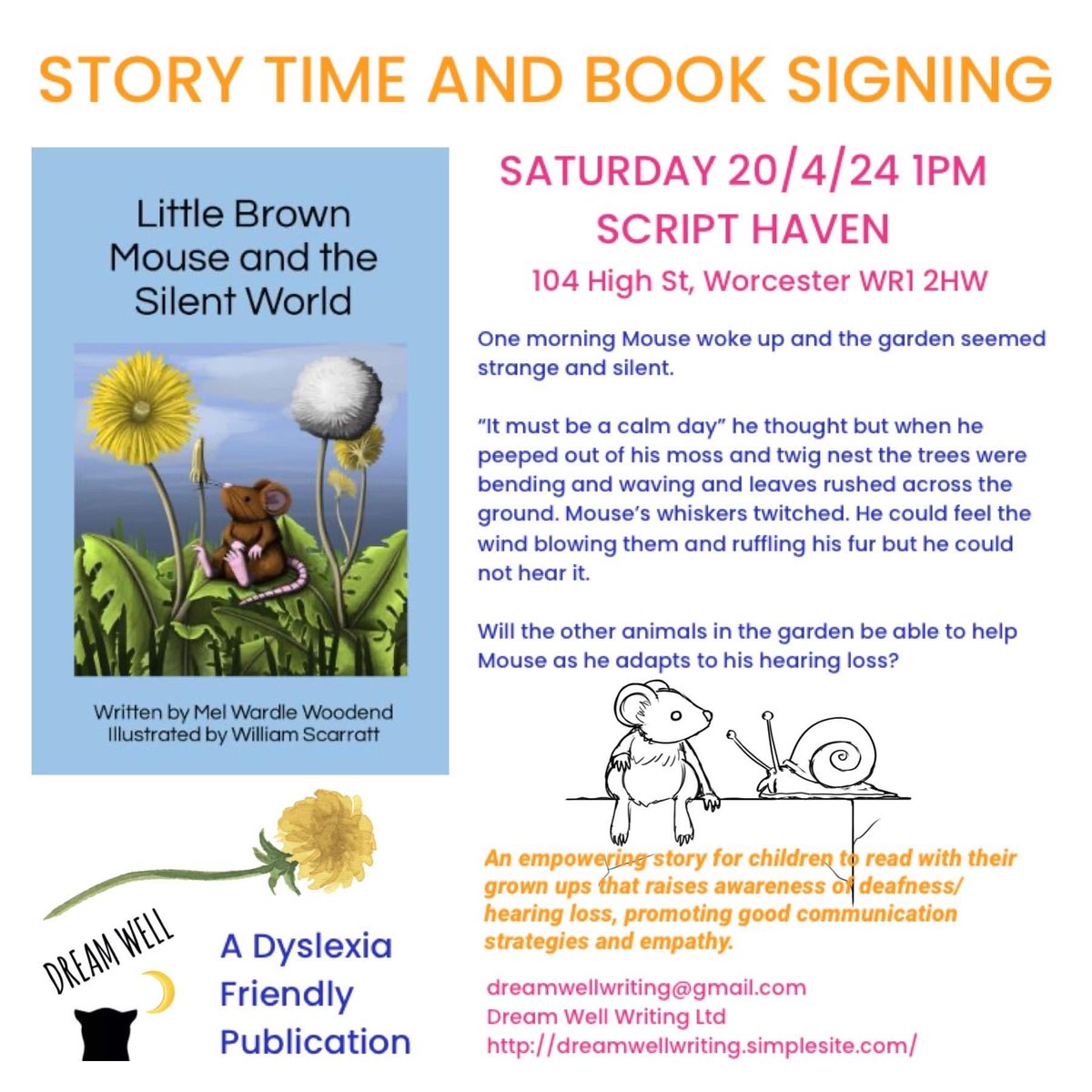 I’m so excited to be sharing a talk and readings from my new children’s book Little Brown Mouse and the Silent World at ⁦@scripthavenltd⁩ Worcester on Saturday 20th April!
#dyslexiafriendly #childrensstory #deafawareness #hearingloss #teachingaid #childrensliterature