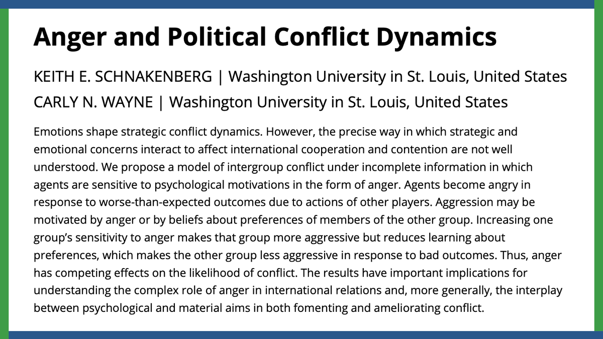 How do strategic & emotional concerns interact to affect international cooperation and contention? In this #APSRFirstView, @keithschnak & @CarlyNWayne propose a new model for intergroup conflict where agents are sensitive to anger. #APSR ow.ly/IH3p50R1IGK