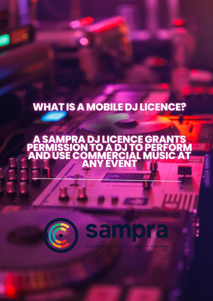 DJ's get your SAMPRA Mobile DJ Licence for the weekend gigs! The annual licence is R2,861.34 per DJ unit per year, and the event-based licence is R1,430.67 per unlicensed DJ unit per event. #KnowYourMusicLoveYourMusic