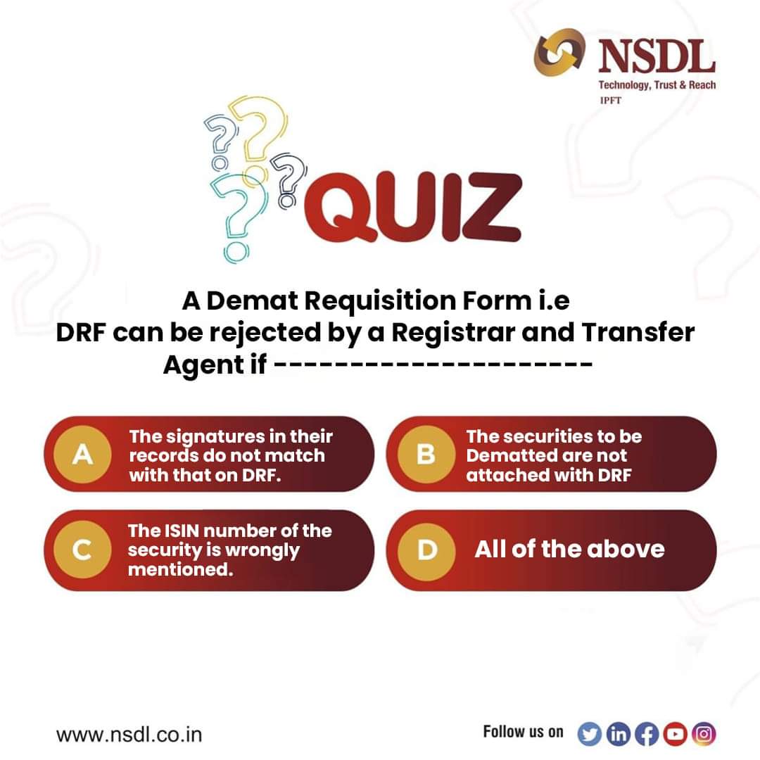 #Contest alert - Win prizes every week! To enter the quiz leave the correct answer in the comments below and stand a chance to win exciting prizes! 1) Follow NSDL on all of its social media channels. Facebook, facebook.com/nsdl.co.in LinkedIn, linkedin.com/company/nation…