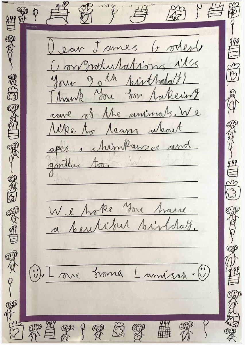 A beautifully illustrated birthday letter to Dr Jane Goodall, from a student at Thomas Buxton Primary School 🌱 Roots & Shoots UK #JaneAt90 #CelebrateJaneAt90 #RootsAndShootsUK