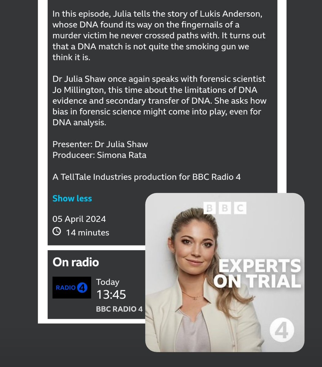 Dropping today, the last episode of Experts on Trial. All about DNA evidence, that DNA isn't a 'smoking gun', and how experts fight against bias. Once again featuring the fabulous @jomillington_v1! 🔗 bbc.co.uk/programmes/m00…