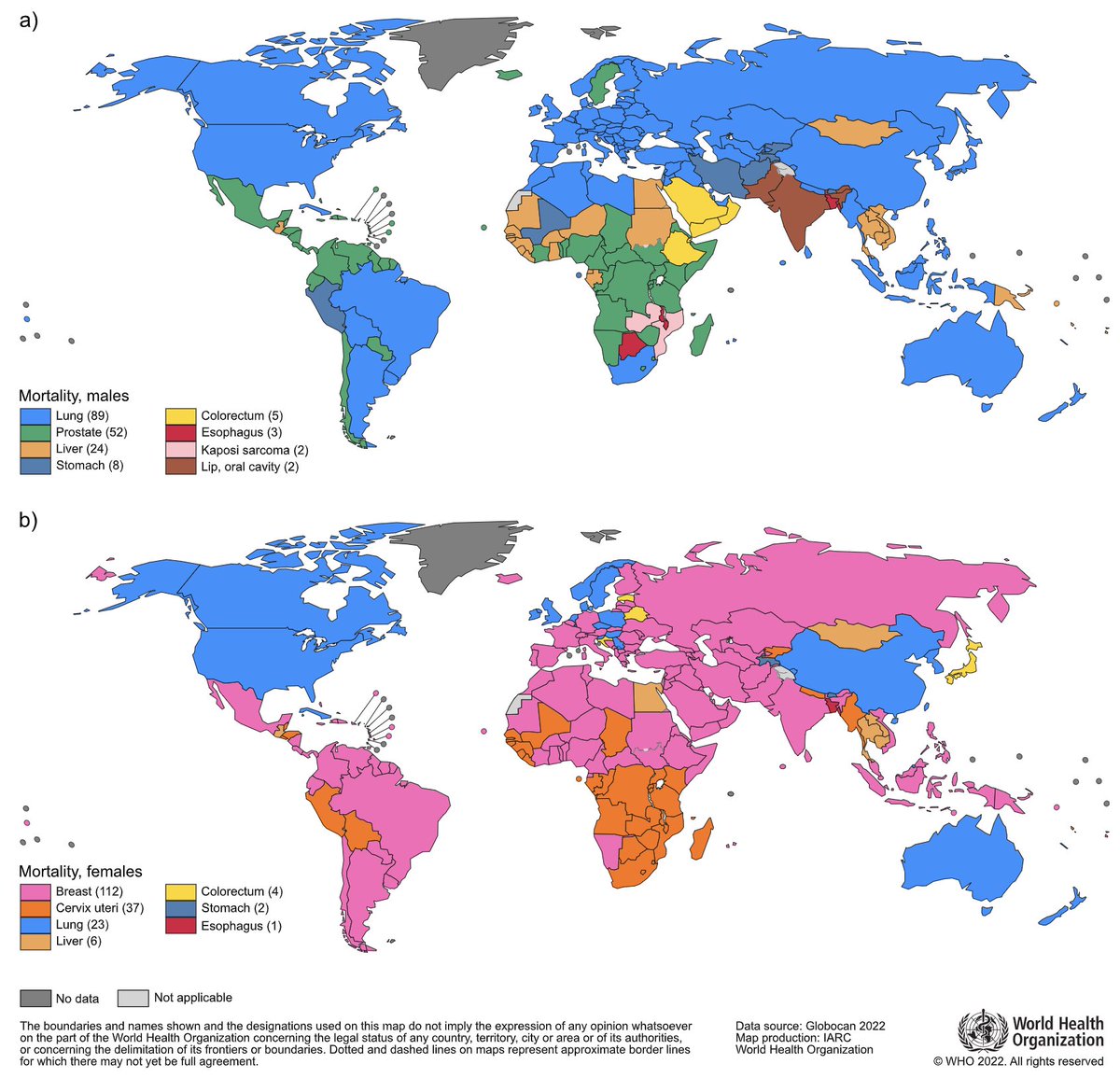Just out @CACancerJournal 'Global cancer statistics 2022: #GLOBOCAN estimates of incidence and mortality worldwide for 36 cancers in 185 countries' Global maps showing the most common type of cancer mortality among men and women 👇 Lung cancer shown in Blue @AmericanCancer