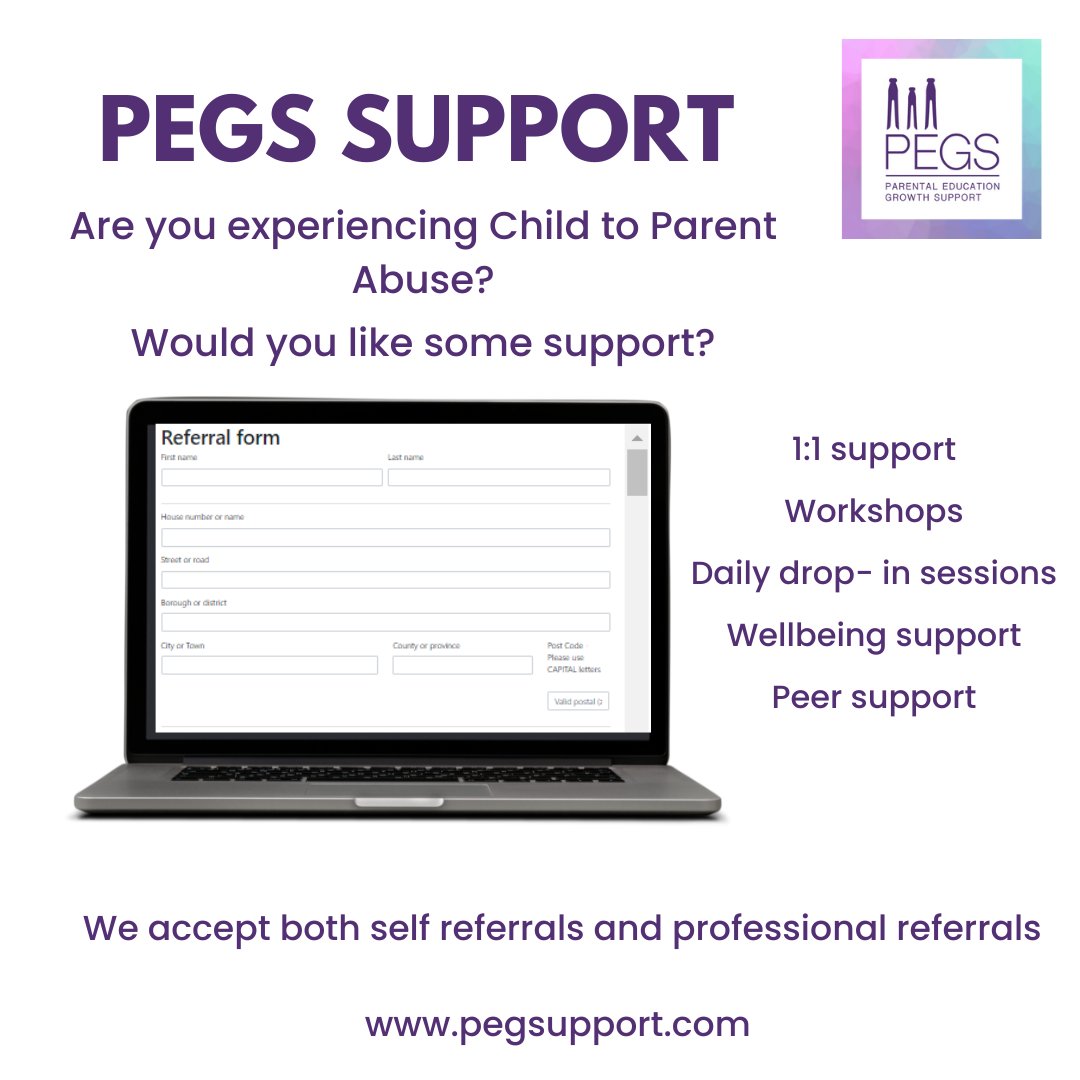 If you are experiencing child to parent abuse then we can support you. PEGS supports parents, carers and guardians who are experiencing CPA regardless of the age of the child. Our services are free to access. If you need support you can complete a referral form via our website.