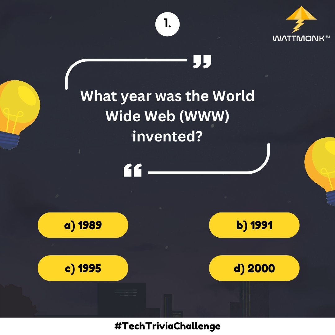 How's your tech IQ? Test yourself with wattmonk's Tech Trivia! Stay sharp and see if you can crack the code on our 1st question for the day!

#TechTriviaChallenge #BrainTeasers #TriviaTime #BrainTeasers #TriviaTime #wattmonktrivia #funfriday