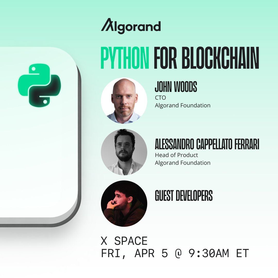 AlgoFoundation's tweet image. In one hour, join @JohnAlanWoods @loedn_ and @robdmoore as they chat Python for blockchain.

Plus, we have special guest developers @BunsanMuchi @MetaGrat @nacbotics who will be sharing their experience using #PythonOnAlgo.

Tune in 👇