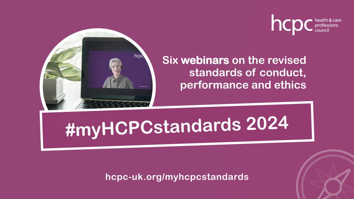 📅💻 @The_HCPC is hosting six new #myHCPCstandards webinars designed to support registrants with the revisions to the standards of conduct, performance and ethics and social media guidance. Get prepared and gain CPD in the process. Sign up 👉 hcpc-uk.org/myhcpcstandards
