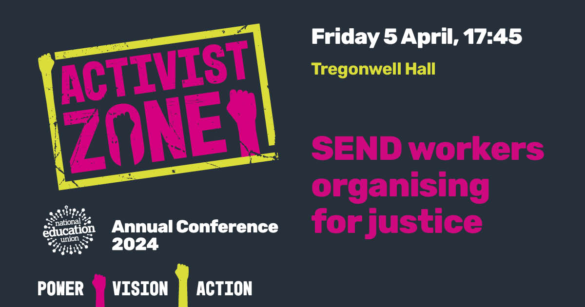 📢Later today at #NEU2024 Activist Zone – SEND workers organising for justice. The crisis in SEND funding has huge impacts on children, staff & parents. But what can we do about it? Join the discussion with NEU activists who work in SEND. Sign up here👉 forms.office.com/e/KWxKtb1h9a