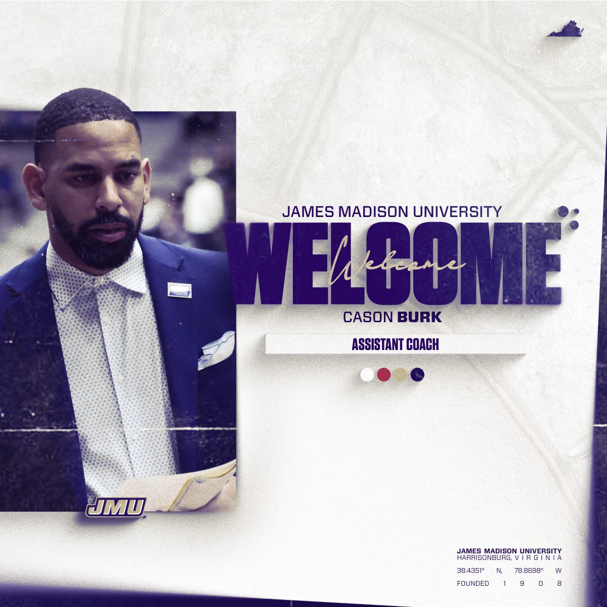 Let's give a warm welcome to Cason Burn, new assistant coach for the Dukes! #GoDukes | @one_burk