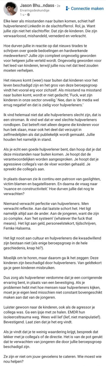 .@JasonErvD plaatste deze tekst op Linkedin. Een paar hulpverleners zonder zelfreflectie gingen sarren waar Jason logischerwijs op reageerde. Daarop maakten ze melden en heeft <a href="/LinkedIn/">LinkedIn</a> zijn account geschorst. Het ging om deze zeer goede en scherpe tekst.