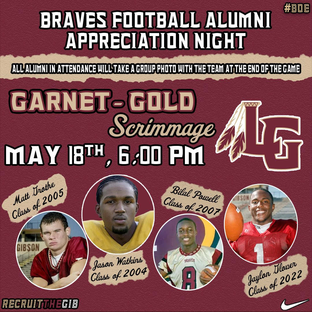 Braves Football Alumni, come out for the Garnet and Gold Game on Saturday May 18 and join us on field after for a football program picture. See you there! #BOE @LGHSOfficial @CoachRPringle @officiallyyjay1 @samuel53402412 @MorvenJoseph @Mj_L1nk @hunter_brozio @Teter_Tot @K__Gant