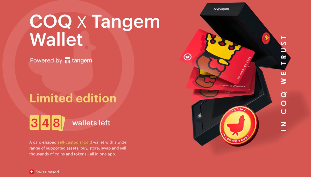 COQ X Tangem Wallets are now available for purchase

Keep your $COQ and thousands of other coins completely safe. 🐔🔺

350 Coq Inu branded hardware wallets are waiting for you. coq.tangem.com

Bok Bok. <a href="/coqinu/"></a>