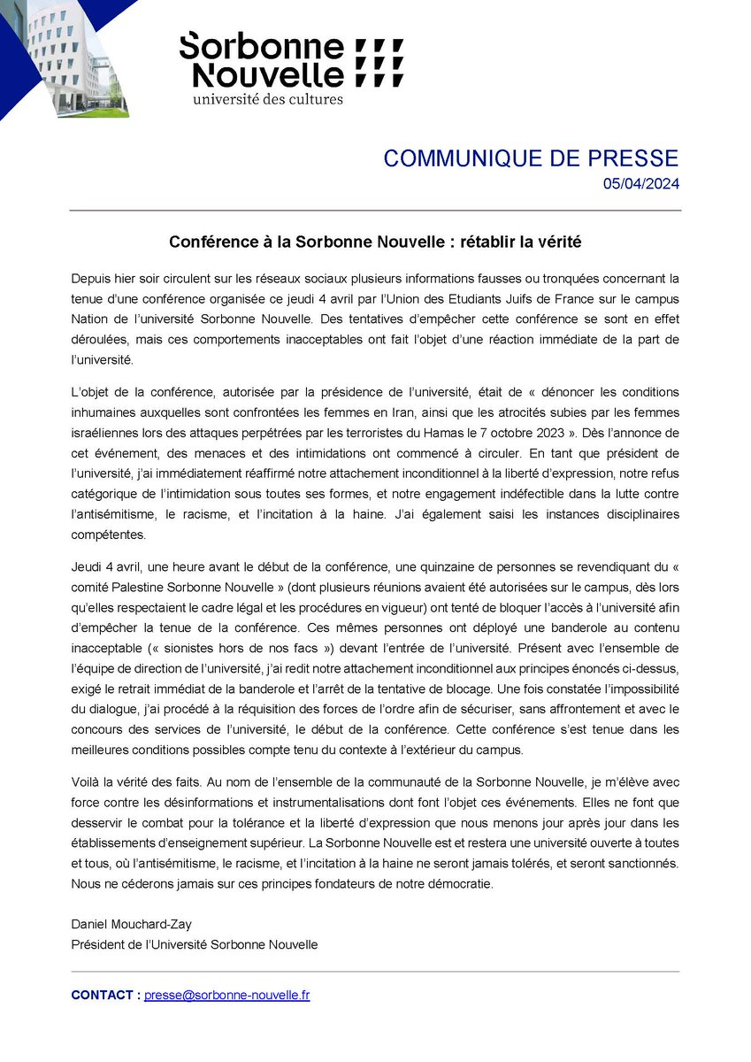 Communiqué de la présidence au sujet de la conférence du 4 avril : rétablir la vérité 👉 bit.ly/3TK7jNm