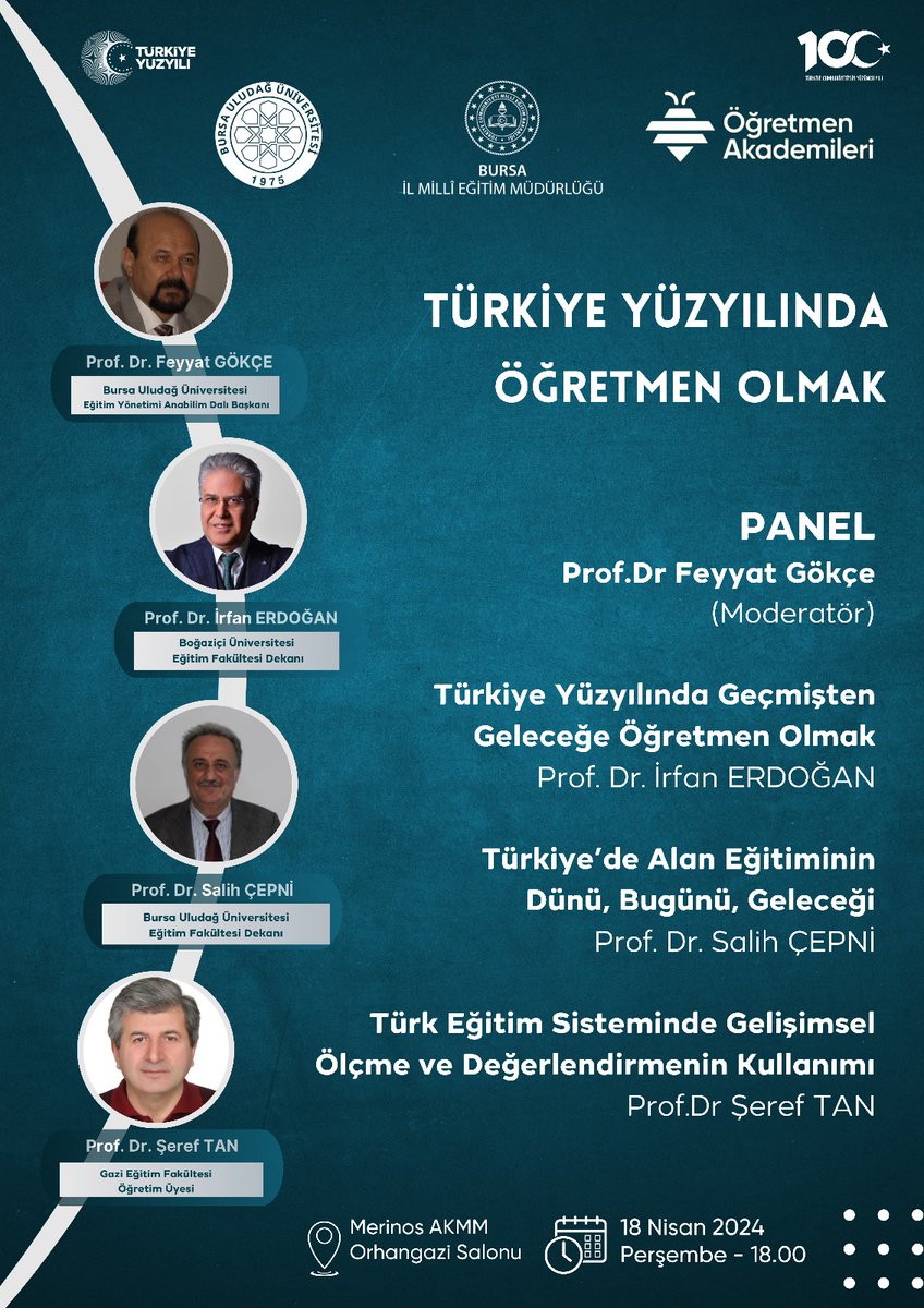 📌Bursa Öğretmen Akademileri 'Türkiye Yüzyılında Öğretmen Olmak' 🗓️ 18 Nisan Perşembe 🕒 18.00 📍Merinos AKKM 👉Başvuru için: meb.ai/ULW8ERj @tcmeb @farukyelkenci @Alireisoglu34