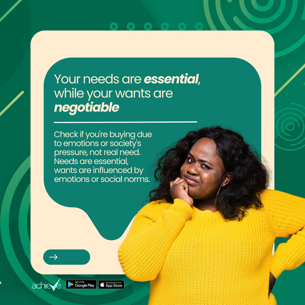 Pause, reflect, then purchase. Distinguish between needs and wants to develop a smarter spending habit.💚
#achieveApp #SaveAndInvest