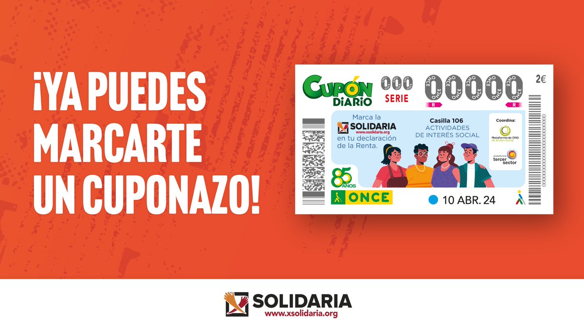 Marcar un golazo con tu equipo es guay, pero marcarte un cuponazo de la <a href="/ONCE_oficial/">ONCE</a> es ¡INCREÍBLE!🎉Ya puedes encontrar el cupón especial de la <a href="/XSolidaria/">XSolidaria</a> y compartir la ilusión de que millones de personas reciban ayuda gracias al #EquipoXsolidaria❤️ ¡El sorteo el día 10!