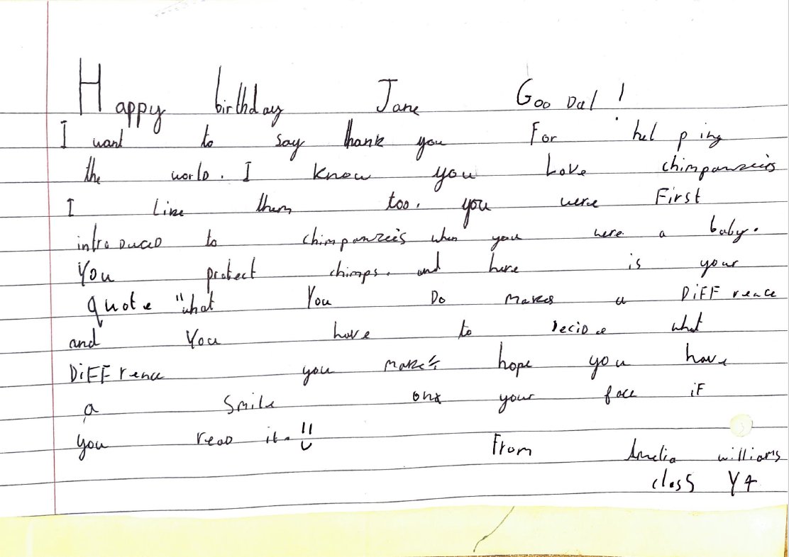 Birthday wishes to Dr Jane Goodall from Class Y4 at Thomas Buxton Primary School 🌱 Roots & Shoots UK #JaneAt90 #CelebrateJaneAt90 #RootsAndShootsUK