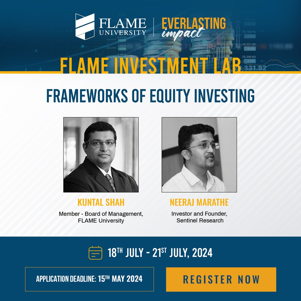 Unlock the secrets of value investing with FLAME University’s ‘Frameworks of Equity Investing’ program, led by @Kuntalhshah and @NeerajMarathe.  Understand and analyze businesses and investments from a value investing perspective using primary and secondary sources, while