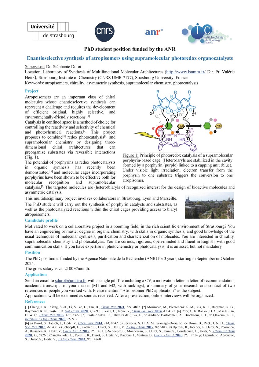 🚨We are hiring! 📢We are looking for a PhD student to work on supramolecular systems for enantioselective photocatalysis! ✉️Interested? Contact Stéphanie Durot (sdurot@unistra.fr)